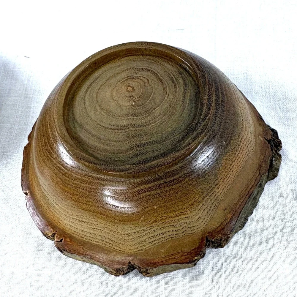 Handmade Live Edge Wood Lidded Bowl Rustic Bark Trim Trinket Dish Brown Natural